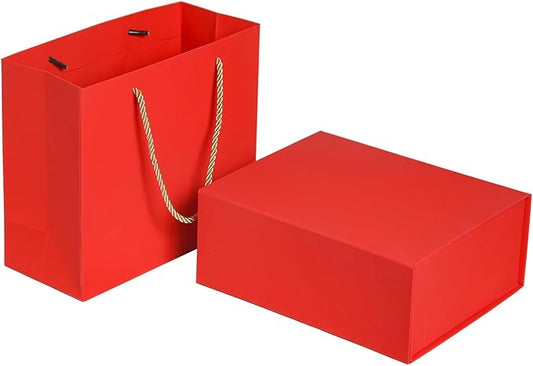 Elegant Gift Boxes with Gift Bag for Presents with Lids Magnetic Closure Rectangle Collapsible for Christmas, Valentine's Day, Birthday Gift Packging (Red)