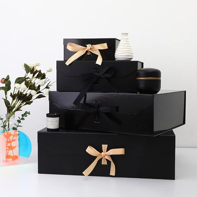 Black Gift Boxes with Lid 8x7x3.3 Inches, Luxury Gift Boxes with Ribbon, Gift Boxes with Lids, Magnetic Closure, Groomsman Boxes, Small Gift Boxes for Gifts Packaging, Brithday (Matte Black)