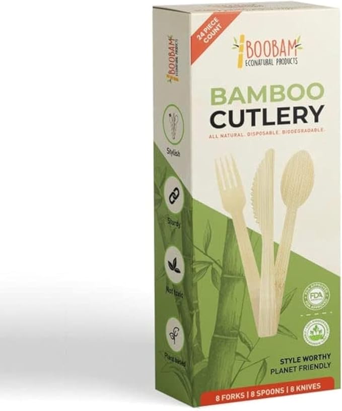 Boobam Econatural Products Bamboo Utensils - Natural Disposable Wooden Cutlery for Party, Eating, Camping, Picnic, Wedding, Birthday - Compostable Silverware - 8 Spoons, 8 Forks, 8 Knives - Box of 24