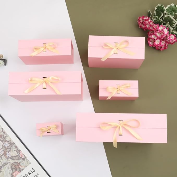 BoxSkivra Large Gift Boxes with Lids 5 Pack 13X9X4 Inch Large Pink Gift Box with Ribbon Foldable Gift Boxes for Presents、Bridesmaid Proposal Box、Wedding Gifts、Shredded Paper Filler & Cards