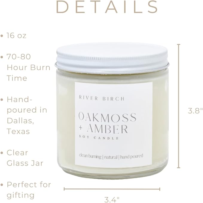 River Birch Candles Oakmoss + Amber Scented Candle | Premium, All-Natural, Non-Toxic, Soy Wax | 16oz 90 Hr Burn Time | Cozy Relaxing Gifts for Home