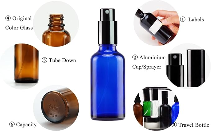 YIZHAO Blue Glass Spray Bottles 2oz, with Small Fine Mist Spray, Metal Cap, Refillable for Essential Oil,Travel,Cleaning,Perfume,Aromatherapy,Makeup – 12 Pcs