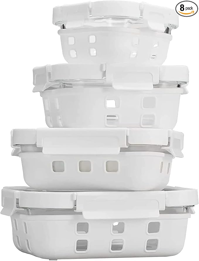 Glass Food Storage Meal Prep Containers - Food Grade Silicone Wrap & Air Release Vent, Rectangular shape - 8 Pc Set (4 Containers - 4 Matching Lids)