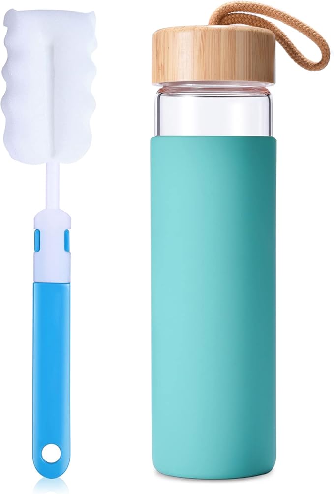 20 Oz Borosilicate Glass Water Bottles with Silicone Sleeve BPA Free, Dishwasher Safe - Reusable Clear Glass Drinking with Leak Proof Bamboo Lid | Perfect Gym Water Bottles for Men & Women