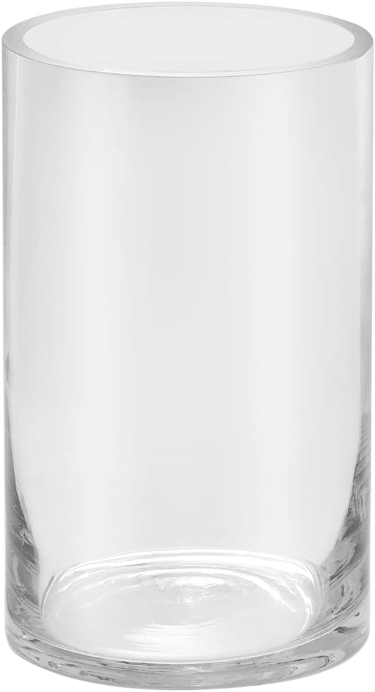 5’ Wide 8" High Large Hand Blown Sturdy Clear Cylinder Glass Vase, Centerpiece Flower Vase for Rose, Tulip, Boquets, Hurricane Candle Holder (1, 5"x8")