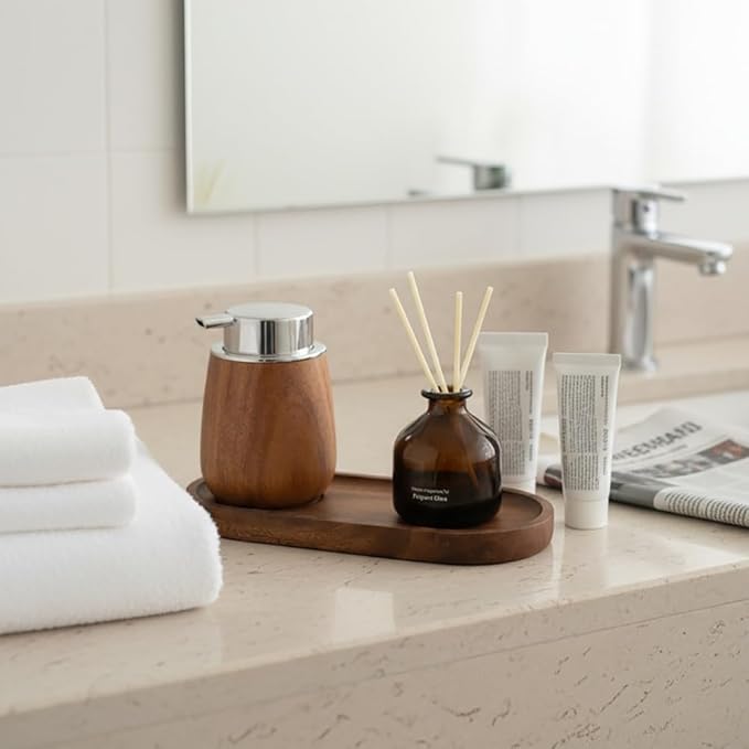 Walnut Wood Soap Dispenser Set with Tray, 7oz/200ml Foaming Hand Soap Dispenser with 6 Labels, Wooden Bathroom Organizer Tray for Toiletries & Aromatherapy, Countertop Bathroom Accessories