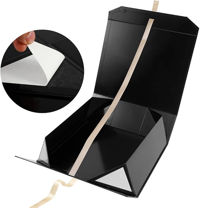 Extra Large Black Gift Box 16x14x5.3 Inches, Big Gift Box with Ribbon, Gift Box with Lid Magnetic Closure, Groomsman Proposal Box, Rectangle Collapsible Gift Boxes for Clothes (Glossy Black)