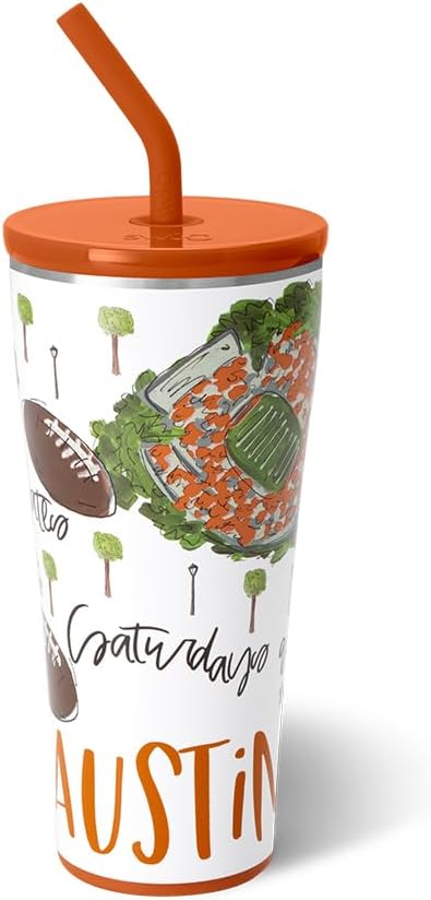 Swig Life 32oz Straw Tumbler, Travel Coffee Tumbler with Lid, Cup Holder Friendly Travel Coffee Mug, Stainless Steel, 32 oz Reusable Insulated Coffee Mug (Saturdays In Austin)