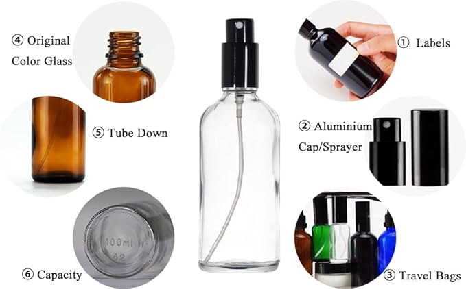 YIZHAO Clear Glass Spray Bottles 4oz, with Small Fine Mist Spray, Metal Cap, Refillable for Essential Oil,Travel,Cleaning,Perfume,Aromatherapy,Makeup – 4 Pcs