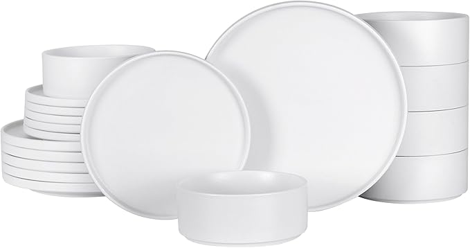 GZG Classic Series - Plates and Bowls Set for 6, 18 Piece Stoneware Dinnerware Sets, Microwave and Dishwasher Safe Lead-Free Handcrafted Ceramic Dishes Set - Ivory White