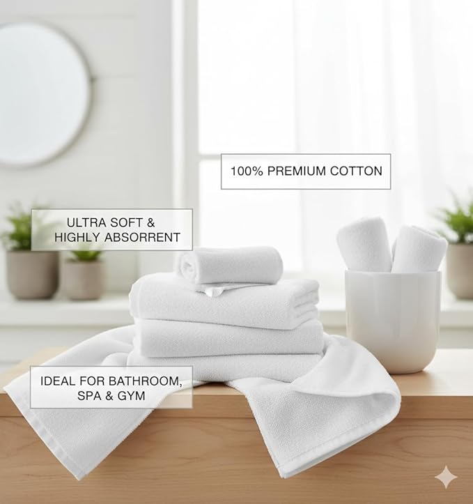 BIOLINEN White Bath Towels 24x48 inches 6 Pack | Ultra Soft, Highly Absorbent | 100% Cotton Towels for Bathroom, Gym, Spa, and Hotel Use