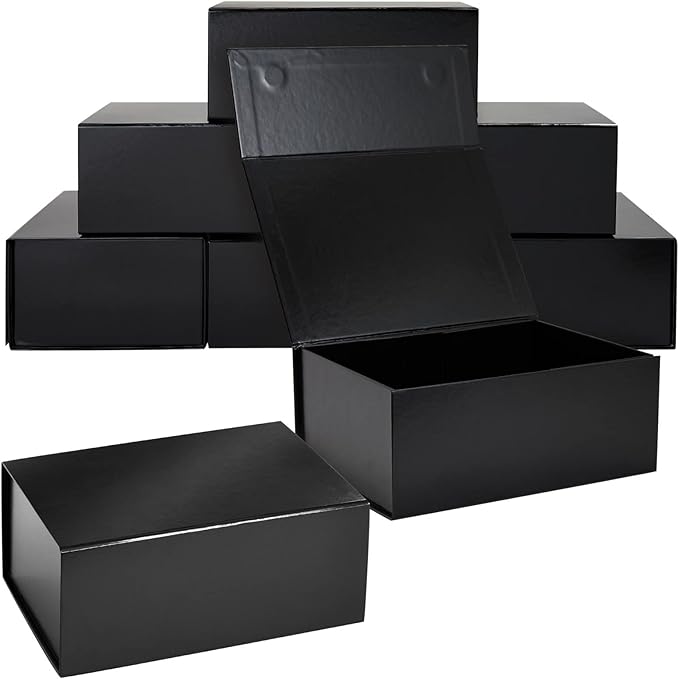 Stockroom Plus Magnetic Gift Boxes with Lids - 9.5 x 7 x 4 In, Gloss Black, Pack of 6 - Secure Magnetic Closure - Jewelry Gift Box Set for Birthday & Wedding Presents, Bridesmaid & Groomsmen Proposals