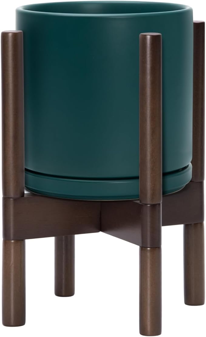 D'vine Dev Ceramic Planter with Walnut Color Stand - 8 Inch Modern Round Flower Pot with Wood Planter Holder, Teal, 55-B-Y-4