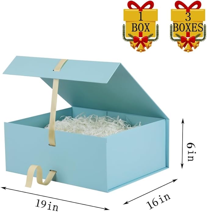 BoxSkivra Blue Extra Large Gift Box with Lid 1 Pack 19x16x6 Inch Large Gift Boxes with Crinkle Paper & Card Magnetic Gift Box with Ribbon for Wedding Dress