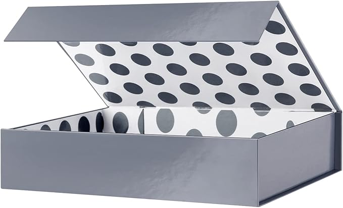 GREEN BEAN Gift Box 11x7.8x2.3 Inches, Grey Gift Box with Lid for Presents, Magnetic Gift Boex for Clothes (Glossy Metallic Grey, Polka Dot Design Inside)
