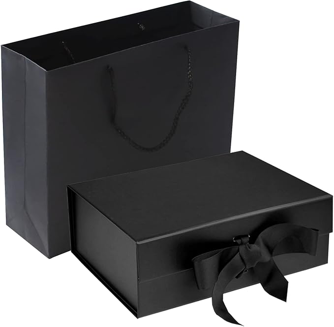 Black Luxury Magnetic Gift Box with Lid, Ribbons and Gift Bag, Medium Size-9.4x7x3 Inches, Great for Christmas, New Year, Wedding, Birthdays, Man