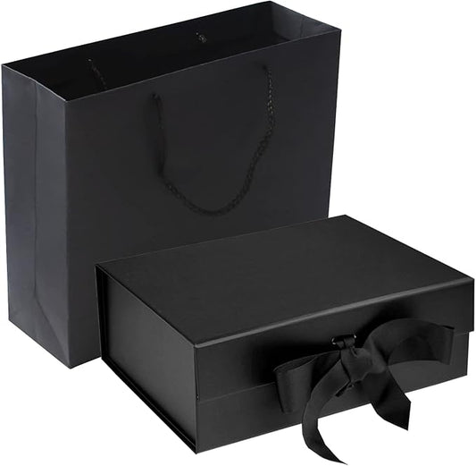 Black Luxury Magnetic Gift Box with Lid, Ribbons and Gift Bag, Medium Size-9.4x7x3 Inches, Great for Christmas, New Year, Wedding, Birthdays, Man