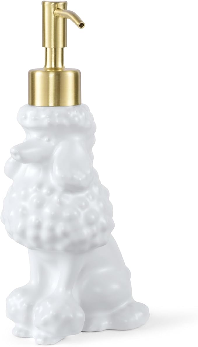 Poodle Shaped Soap/Lotion/Hand Sanitizer Ceramic Dog Lover Stainless Steel Pump Dispenser for Dog Mom Gifts, Refillable for Kitchen and Bathroom(White)