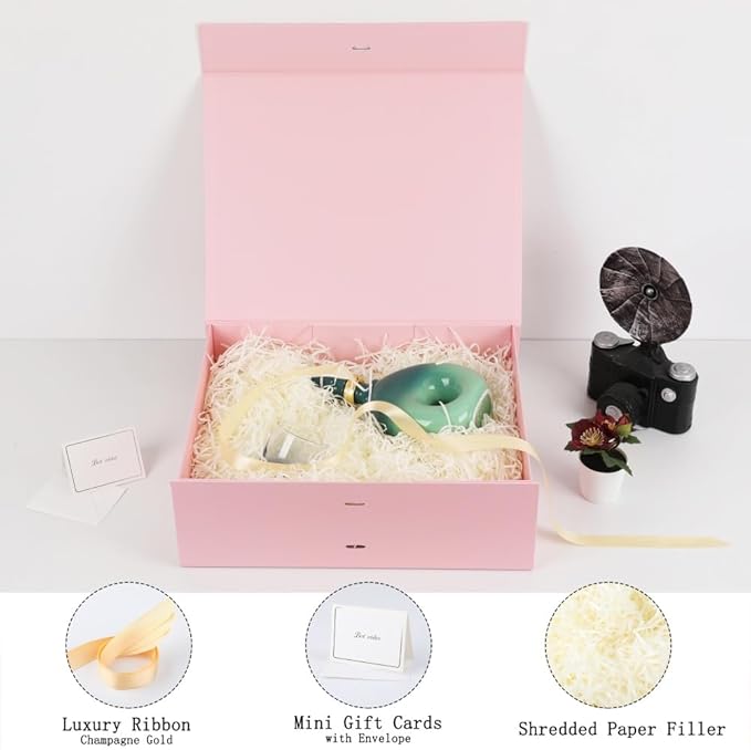 BoxSkivra Large Pink Gift Box with Ribbon 1 Pack 16.5X13X5.3 Inch Extra Large Gift Box with Lid Magnetic Closure Rectangle Collapsible Luxury Boxes for Mother's Day、Shredded Paper Filler & Card
