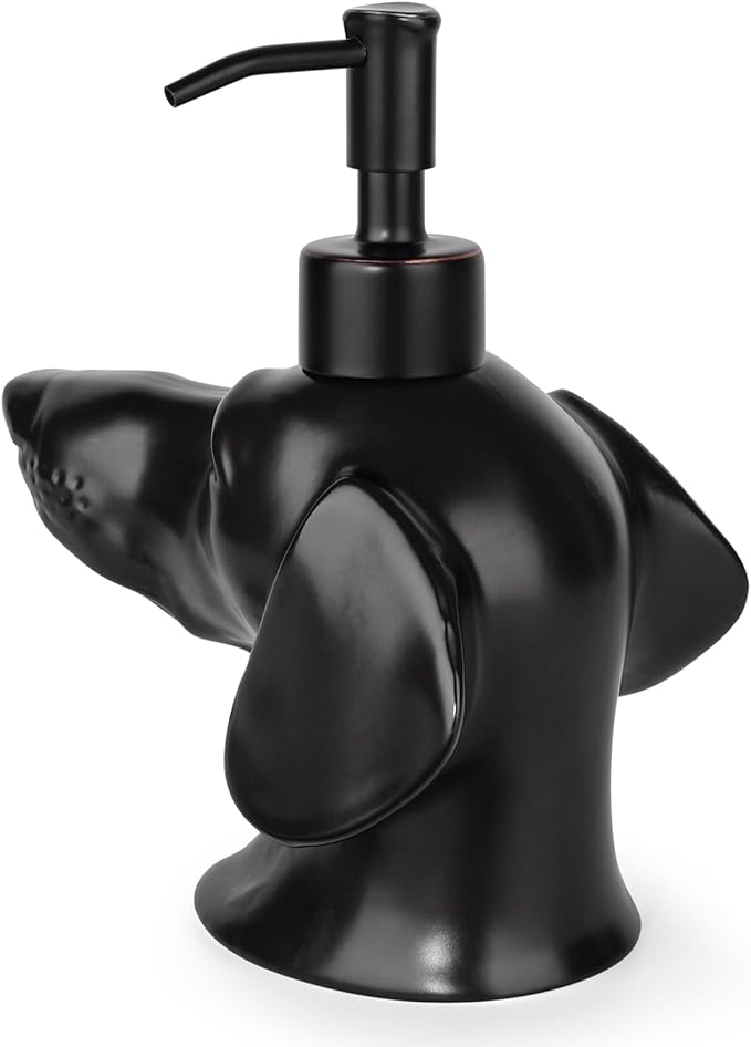 Dachshund Dog Shaped Soap/Lotion/Hand Sanitizer Weiner Ceramic Stainless Steel Pump Dispenser Gift for Dog Lover, Refillable for Kitchen and Bathroom(Black)