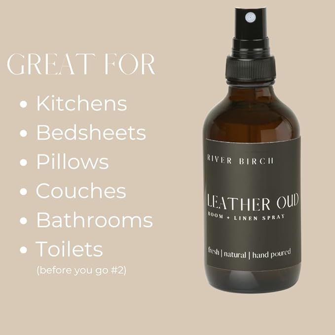 River Birch Luxury Linen and Room Spray - Leather Oud Home Signature Scent - Room Fragrance Spray - Fragrant Fresh Linen Air Freshener For Bedding - Handmade in Texas - 4 oz Glass Amber Bottle