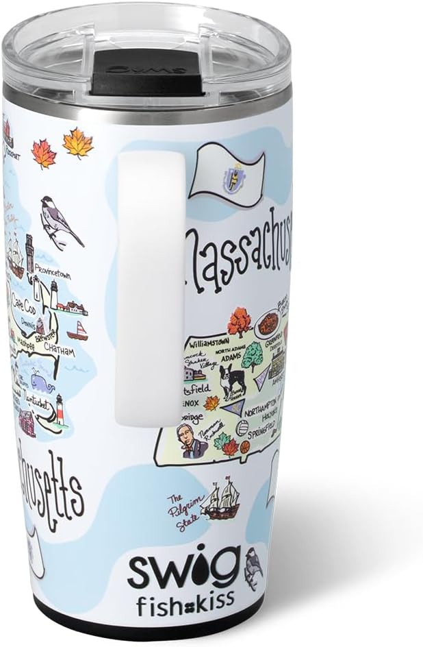 Swig Life 22oz Travel Mug, Insulated Tumbler with Handle and Lid, Travel Coffee Mug, Cup Holder Friendly, Stainless Steel 22 oz Tumbler, Reusable Insulated with Lid (Massachusetts)