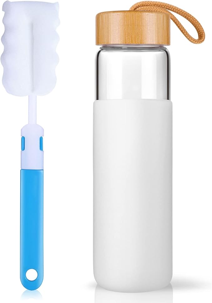 20 Oz Borosilicate Glass Water Bottles with Silicone Sleeve BPA Free, Dishwasher Safe - Reusable Clear Glass Drinking with Leak Proof Bamboo Lid | Perfect Gym Water Bottles for Men & Women