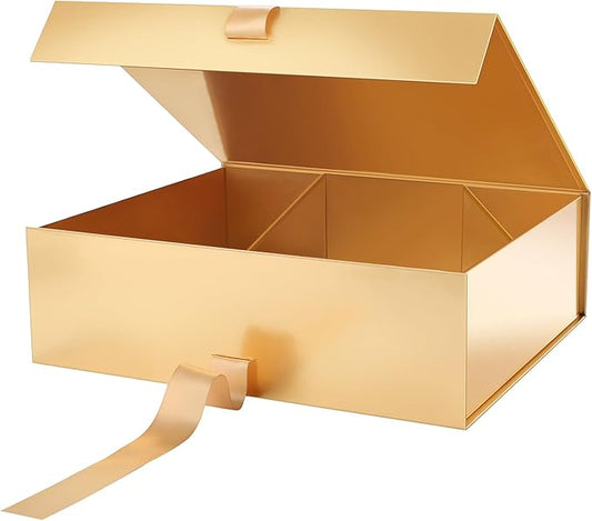 PACKHOME 17x14.5x5.5 Inches, Extra Large Gift Box with Lid, Magnetic Closure Boxes with Ribbon for Clothes and Large Gifts (Glossy Gold)