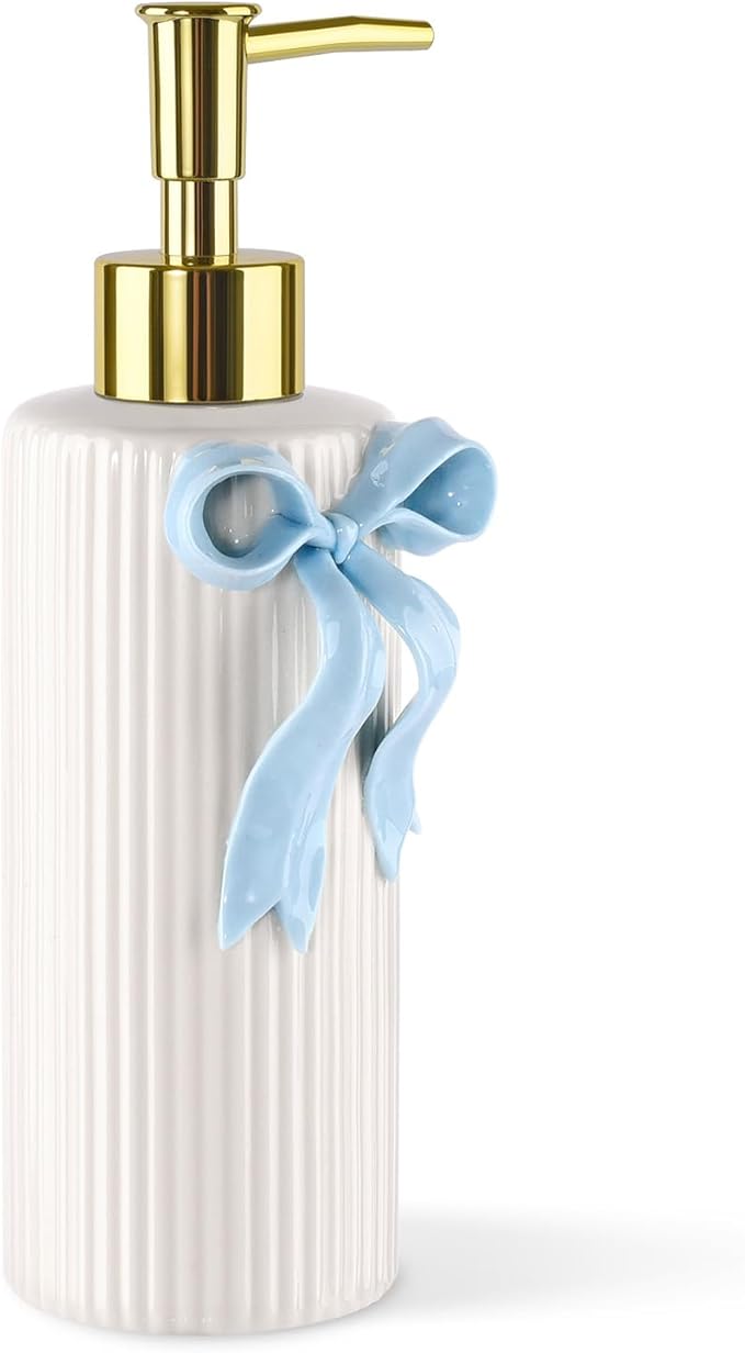 Handmade Ceramic Bow Soap Pump Dispenser Hand Lotion Liquid Dispenser Refillable for Kitchen and Bathroom Decorative (Ribbon Blue)