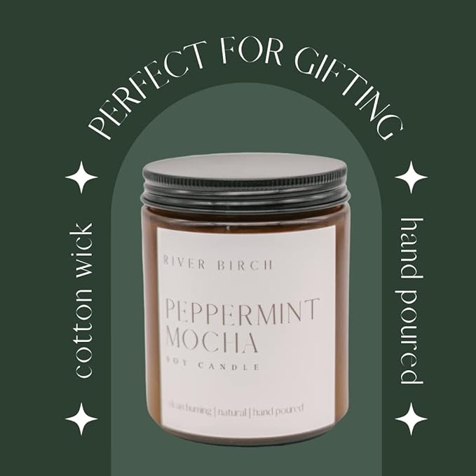 River Birch Candles Peppermint Mocha Scented Candle | Premium, All-Natural, Non-Toxic, Soy Amber Candles | 8.5oz 40 Hr Burn Time | Cozy Relaxing Gifts for Home