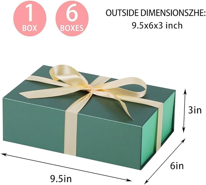 UoeRing 6 Pack Green Gift Box 9.5x6x3 inch Small Luxury Gift Box for Presents with Magnetic Lid Collapsible,Birthday,Christmas,Contains Card, Ribbon, Tissue Paper,Shredded Paper Fille