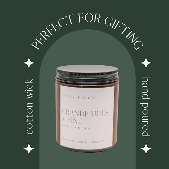 River Birch Candles Cranberries + Pine Scented Candle | Premium, All-Natural, Non-Toxic, Soy Amber Jar Candles | 8.5oz 40 Hr Burn Time | Cozy Relaxing Gifts for Home