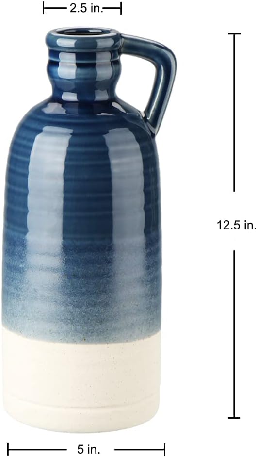 12.5" Blue Ceramic Vase for Home Decor Large Decorative Vase Boho Pottery Bud Vase for Flowers Rustic Farmhouse Tall Single Flower Vase for Centerpieces Pampas Grass