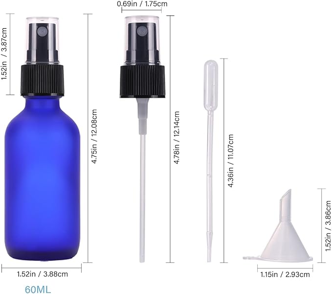 60ml Frosted Blue Glass Spray Bottles,Small Empty Fine Mist Perfume Refillable Reusable Travel Spray Bottle for Essential Oils/Hair/Aromatherapy/Cleaning/Cosmetic with Extra Spray Nozzle(2 Pack)