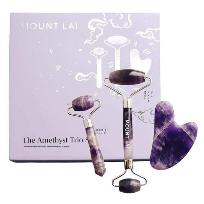 Mount Lai Amethyst Trio Calming Facial Set, Facial Roller and Amethyst Gua Sha Facial Tools Set, Guasha Tool for Face to Relieve Muscle Tension and Reduce Puffiness, Anti Aging Skin Care Sets