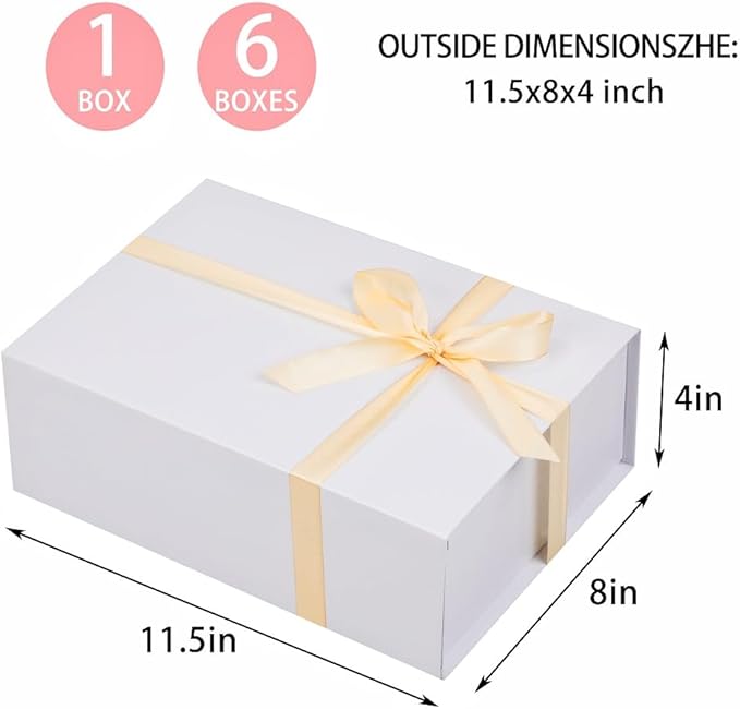 UoeRing 6 Pack White Gift Box 11.5x8x4 inch Luxury Gift Box for Presents with Magnetic Lid Collapsible,Birthday,Bridesmaid Proposal,Contains Card, Ribbon, Tissue Paper,Shredded Paper Fille