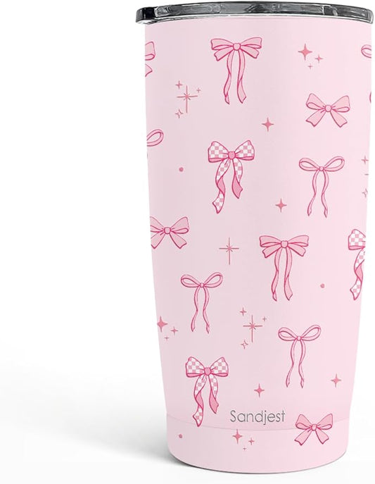 SANDJEST Bow Tumbler 20oz, Stainless Steel Travel Cup with Lid, Insulated Coffee Mug, Bow Gifts for Women Girls Friends Sisters on Birthday Christmas (Pink)
