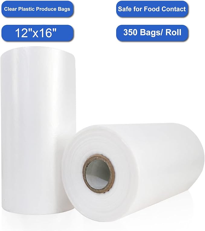 LabelMore 12'' x 16'' Plastic Produce Bags on a Roll, Clear, Food Storage Bags for Bread, Vegetable, Fruits and Meat, 350 Bags/Roll