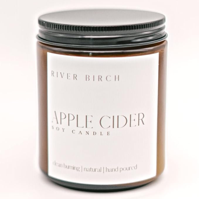 River Birch Candles Apple Cider Scented Candle | Premium, All-Natural, Non-Toxic, Soy Amber Jar Candles | 8.5oz 40 Hr Burn Time | Cozy Relaxing Gifts for Home