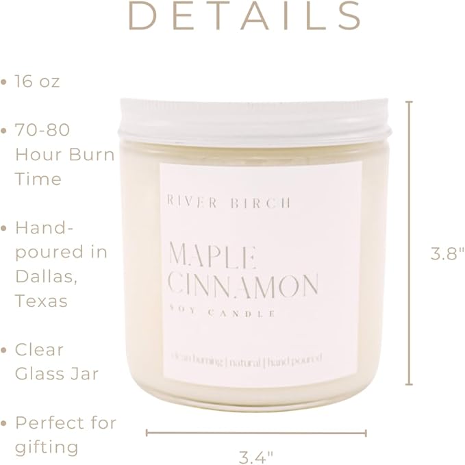 River Birch Candles Maple Cinnamon Scented Candle | Premium, All-Natural, Non-Toxic, Soy Candles | 16oz 90 Hr Burn Time | Cozy Relaxing Gifts for Home