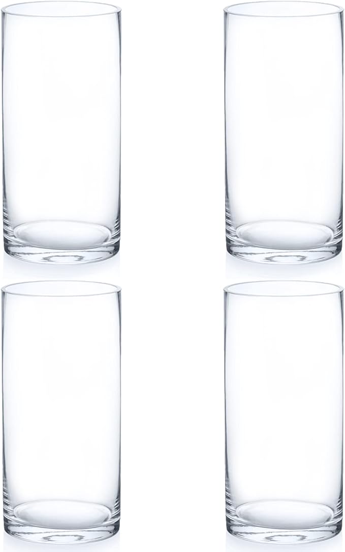 Enova Floral Set of 4 Clear Cylinder Glass Vase 4W x 8H Inches, Clear Flower Vases, Pillar Candle Hurricane Floating Candle Holder Vase, Glass Flower Vase for Wedding Centerpieces, Home Décor