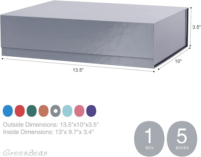 GREEN BEAN Gift Box 13x9.7x3.4 Inches, Large Grey Gift Box with Lid for Presents, Magnetic Gift Boex for Clothes (Glossy Metallic Grey, Dot Design Inside)