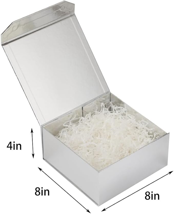 1 Pcs Small Silver Gift Box 8x8x4 Inch Magnetic Gift Box Small Magnetic Box with Crinkle Paper Silver Small Gift Box with Shredded Paper Luxury Gift Boxes with Lids for Presents