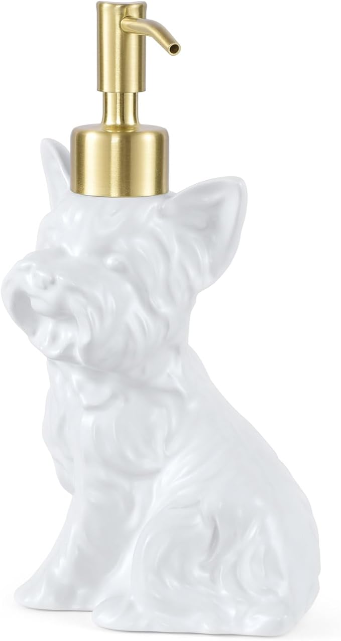 Yorkshire Terrier Shaped Soap/Lotion/Hand Sanitizer Dog Lover Stainless Steel Pump Dispenser for Dog Gifts, Refillable for Kitchen and Bathroom(White)