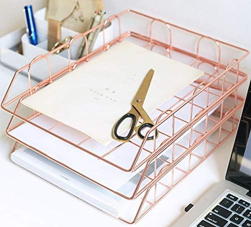 Jolitac Rose Gold 4-Tier Stackable Paper Tray Desk Organizer, Workspace Decorative Stacking Rack Supplies Holder, Metal Letter Trays for File Documents in Home & Office (Rose Gold)