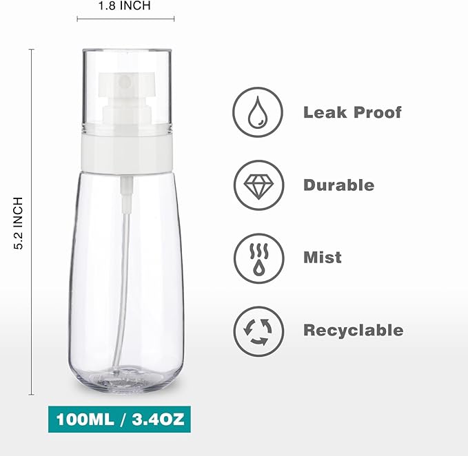 3pack Small Refillable Plastic Spray Bottles, 3.4oz Travel Spray Bottles (Clear+Green+Pink)