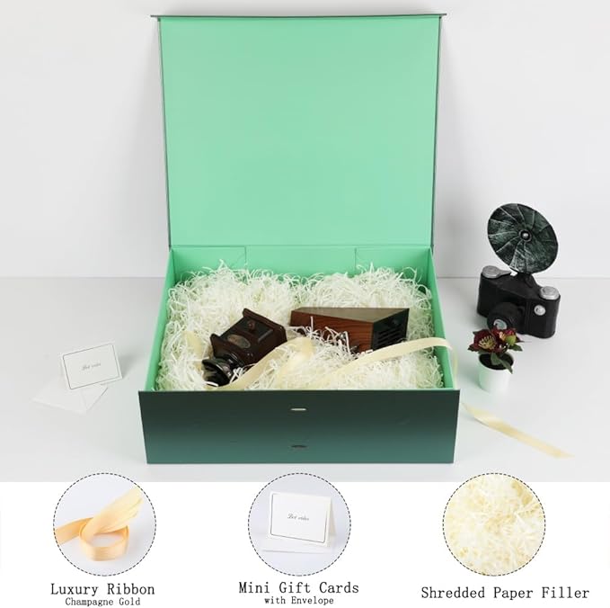BoxSkivra Green Extra Large Gift Box with Lid 1 Pack 19x16x6 Inch Large Gift Boxes with Crinkle Paper & Card Magnetic Gift Box with Ribbon for Wedding Dress