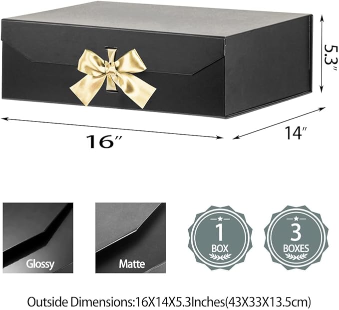 Black Extra Large Gift Boxes with Ribbon 16x14x5.3 Inches Gift Boxes with Lid Magnetic Closure, Groomsman Proposal Boxes, Rectangle Collapsible Boxes for Large Gifts (Matte Black)