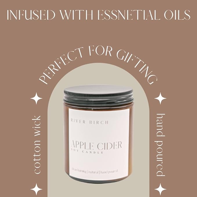River Birch Candles Apple Cider Scented Candle | Premium, All-Natural, Non-Toxic, Soy Amber Jar Candles | 8.5oz 40 Hr Burn Time | Cozy Relaxing Gifts for Home