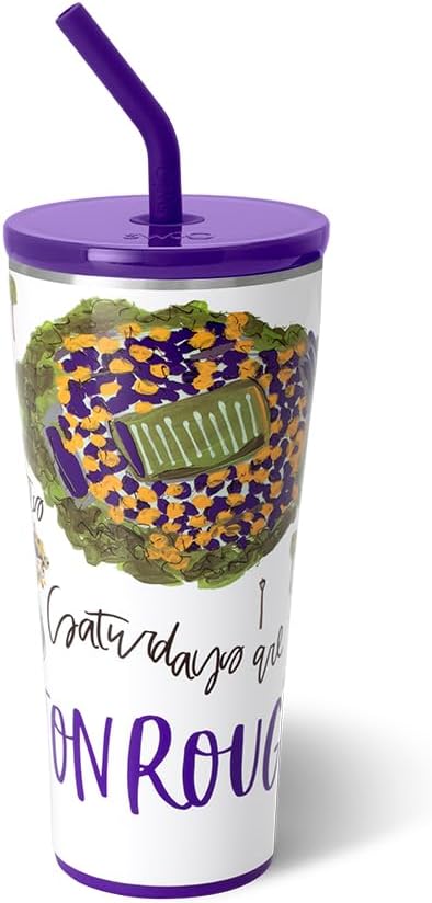 Swig Life 32oz Straw Tumbler, Travel Coffee Tumbler with Lid, Cup Holder Friendly Travel Coffee Mug, Stainless Steel, 32 oz Reusable Insulated Coffee Mug (Saturdays In Baton Rouge)